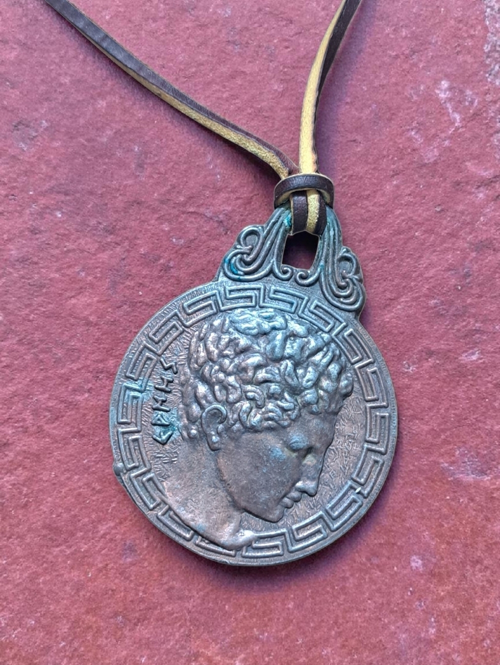 Vintage Distressed Medallion Pendant Necklace Aged Bronze & Teal Patina 2.25x3"